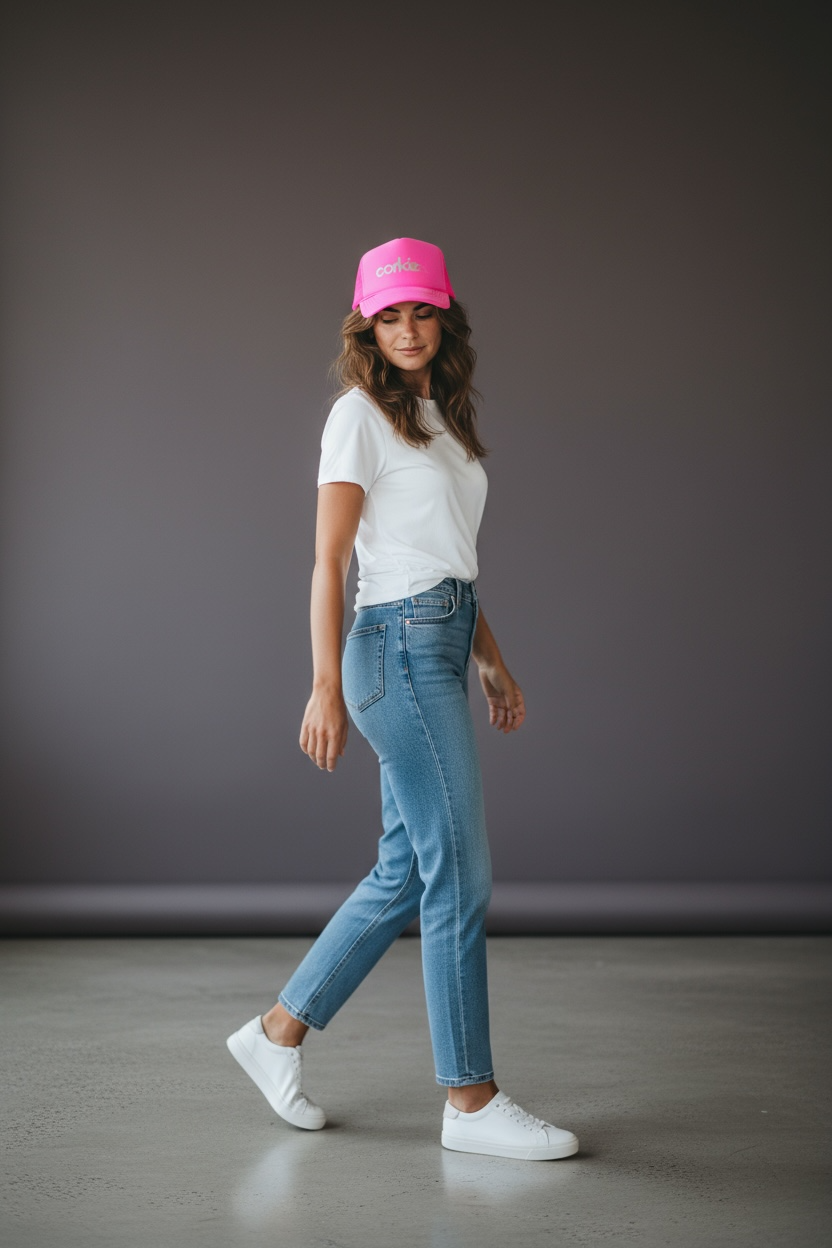 Woman wearing a neon pink corkie wine lovers branded cap, white t-shirt, blue jeans, and white sneakers against a gray background