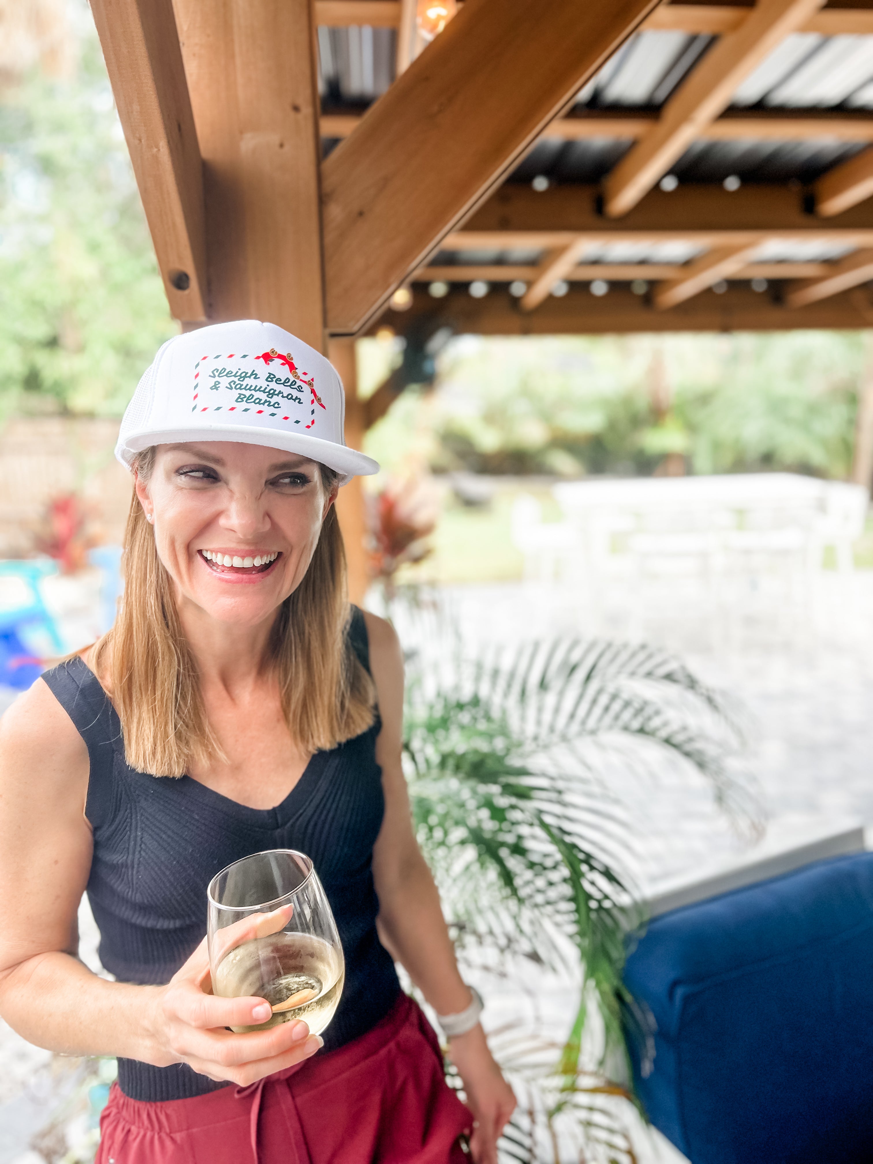 sleigh bells and sauvignon blanc corkie foam trucker hat perfect christmas or holiday gift for wine lover