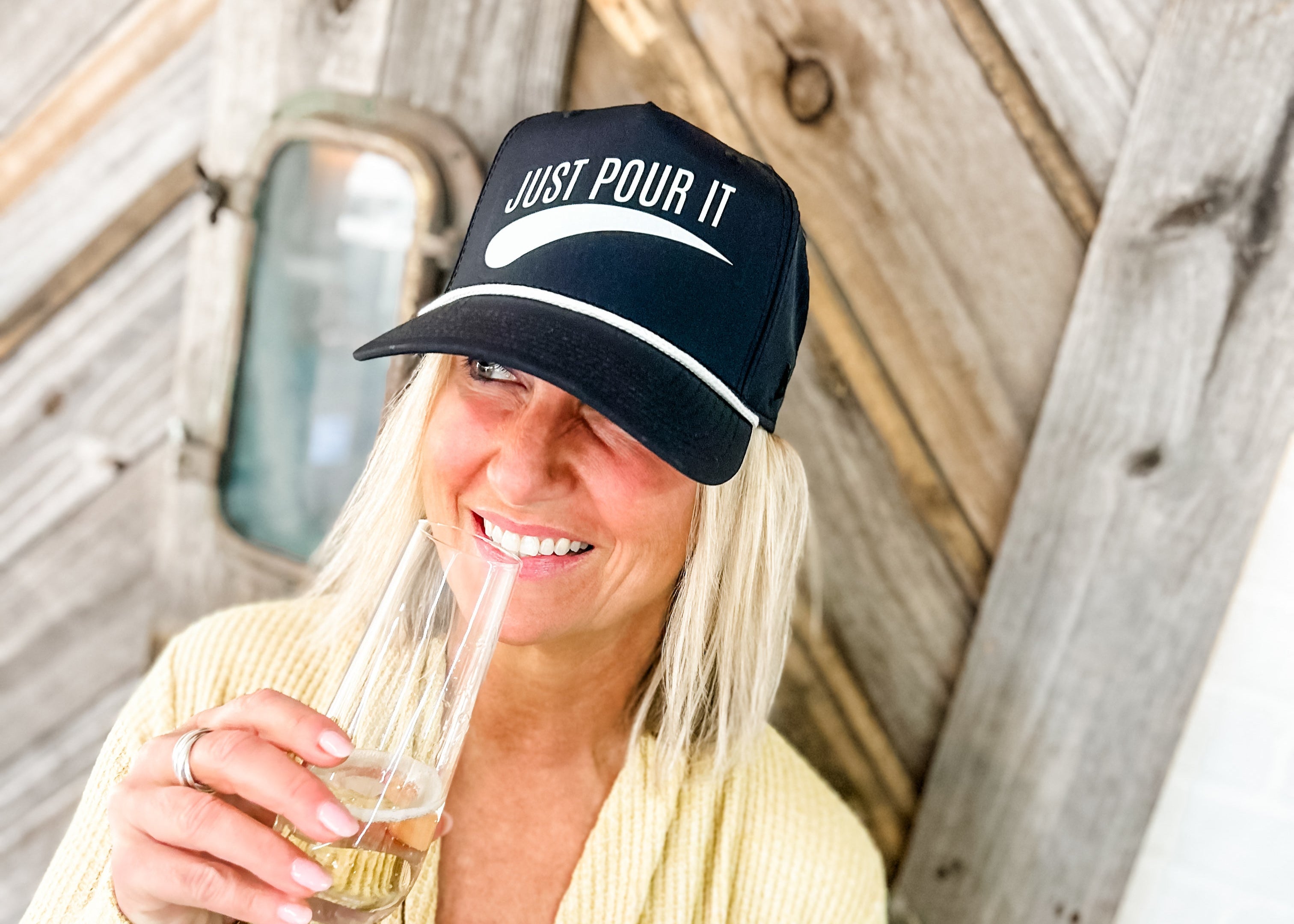 just pour it black hat wine champagne