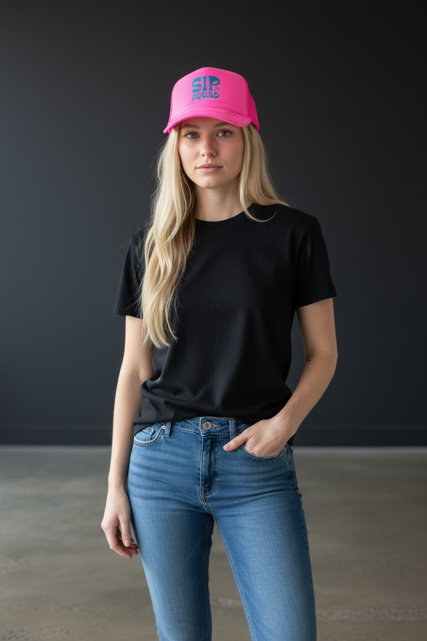 Woman wearing a pink wine sip squad foam trucker cap, black t-shirt, and blue jeans against a dark background