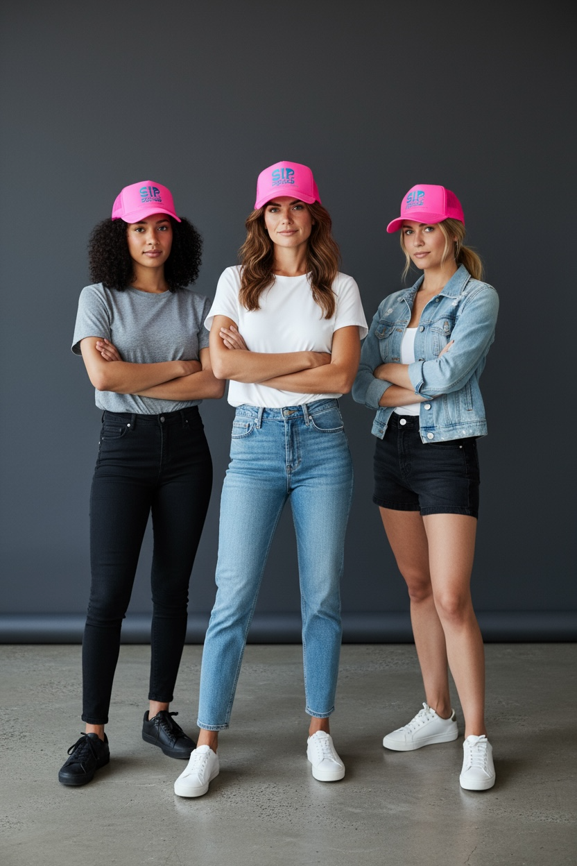 Three women wearing neon pink corkie sip squad foam trucker caps against a gray background