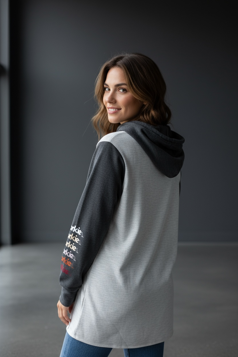 Woman wearing a gray and black corkie wine lovers vintage hoodie with vintage detail on sleeves against a dark background