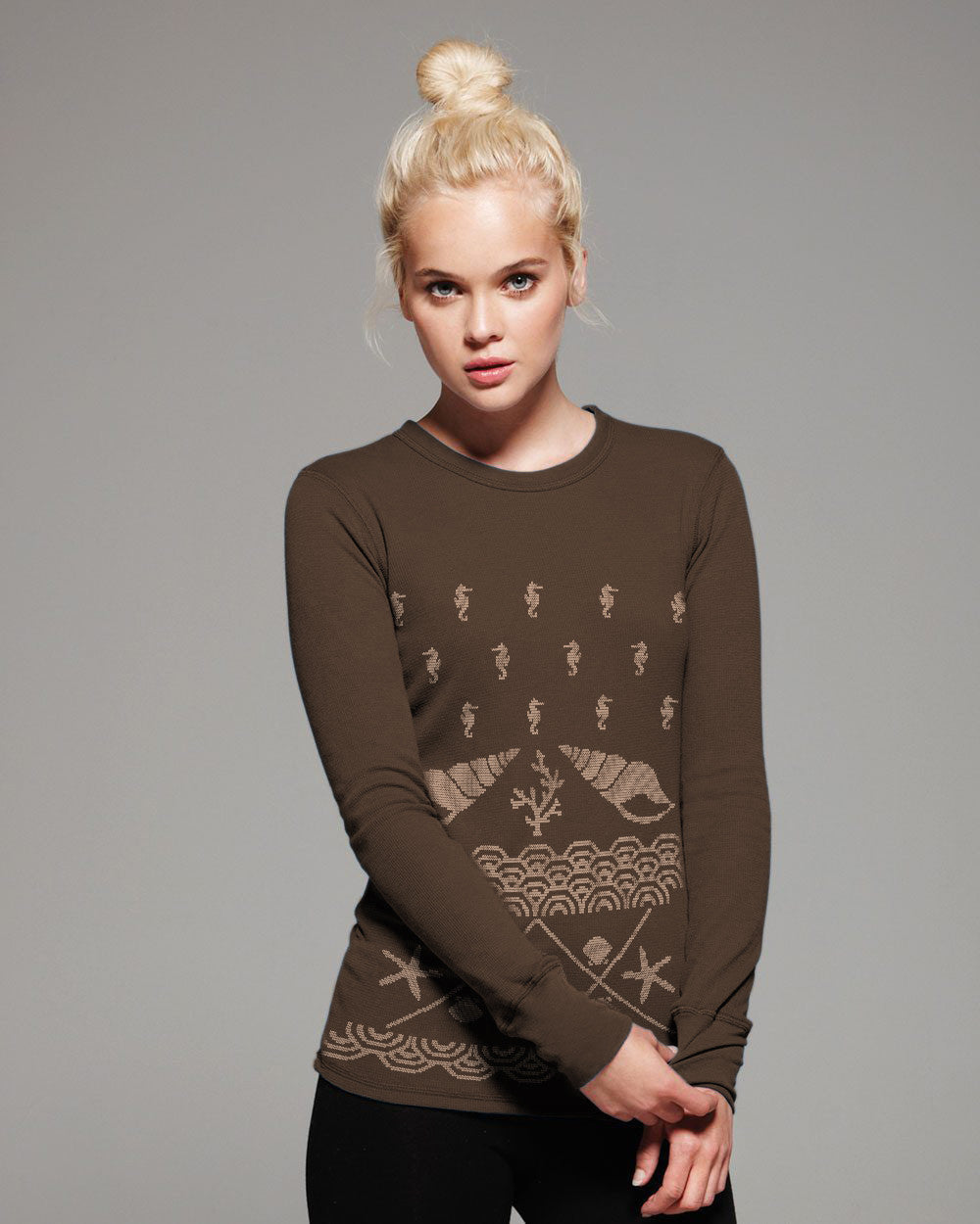 the admiral's daughters under the sea brown long sleeve thermal christmas sweater seashells waves coastal holiday