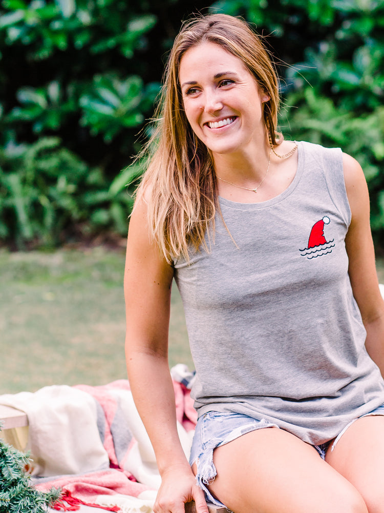 the admiral's daughters fake out santa grey cap sleeve embroidered tank santa hat shark fin waves christmas holiday t shirt