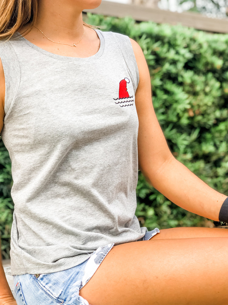 the admiral's daughters fake out santa grey cap sleeve embroidered tank santa hat shark fin waves christmas holiday t shirt