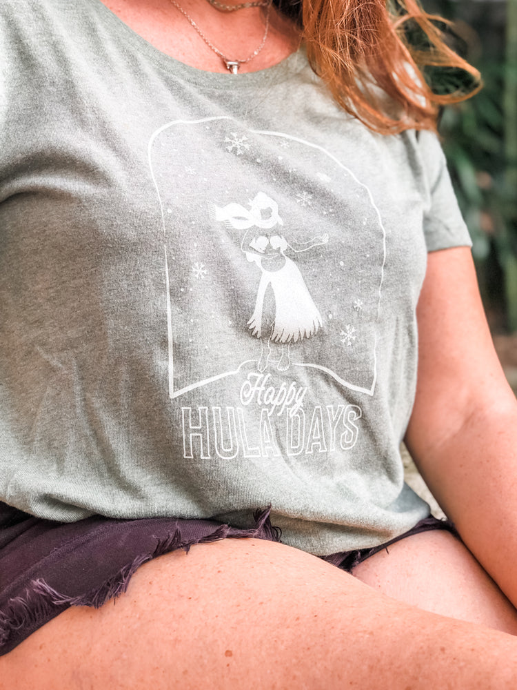 the admiral's daughters pine green happy hula days holiday christmas dancer snow globe tropical t shirt tunic