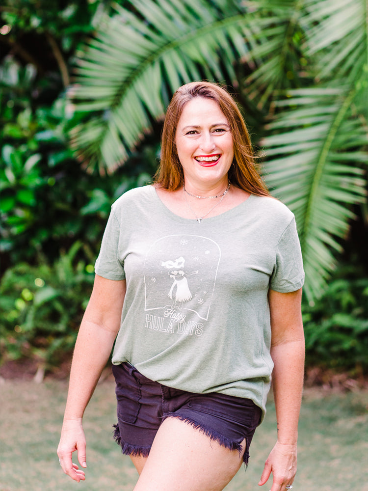 the admiral's daughters pine green happy hula days holiday christmas dancer snow globe tropical t shirt tunic