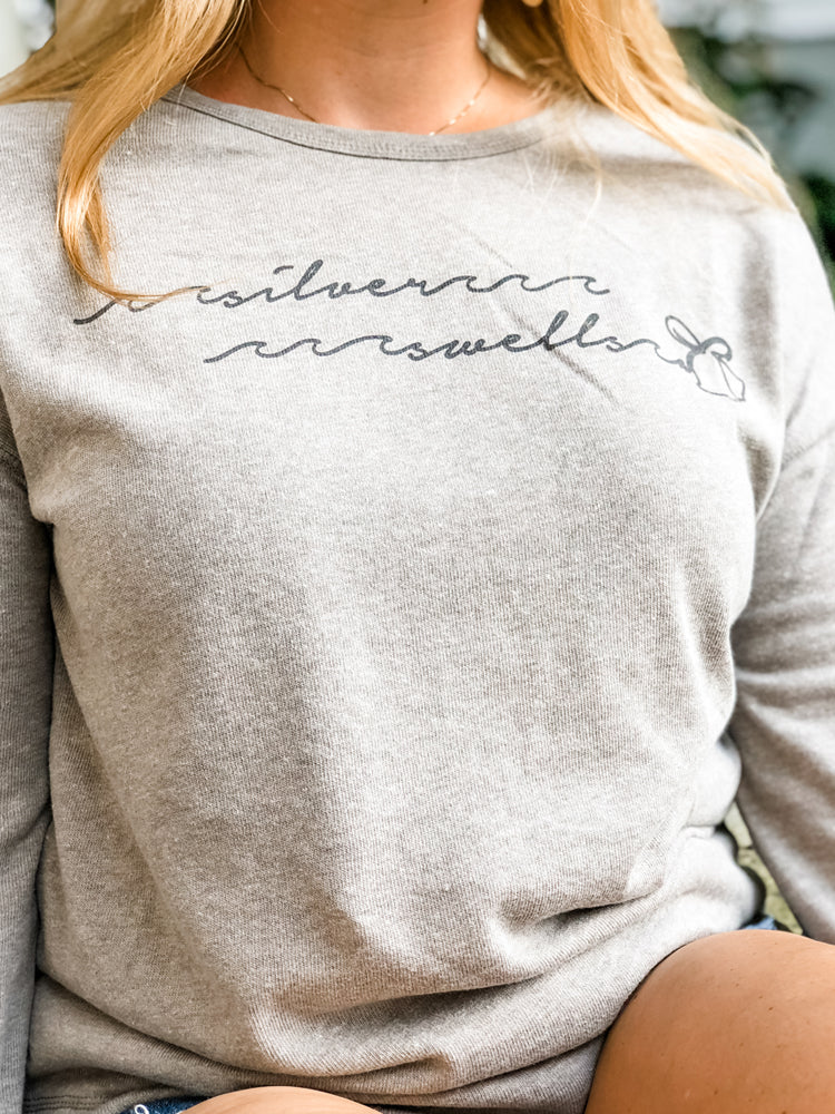 the admiral's daughters silver swells bells long sleeve grey holiday christmas sweater sweatshirt