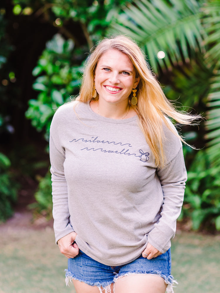 the admiral's daughters silver swells bells long sleeve grey holiday christmas sweater sweatshirt