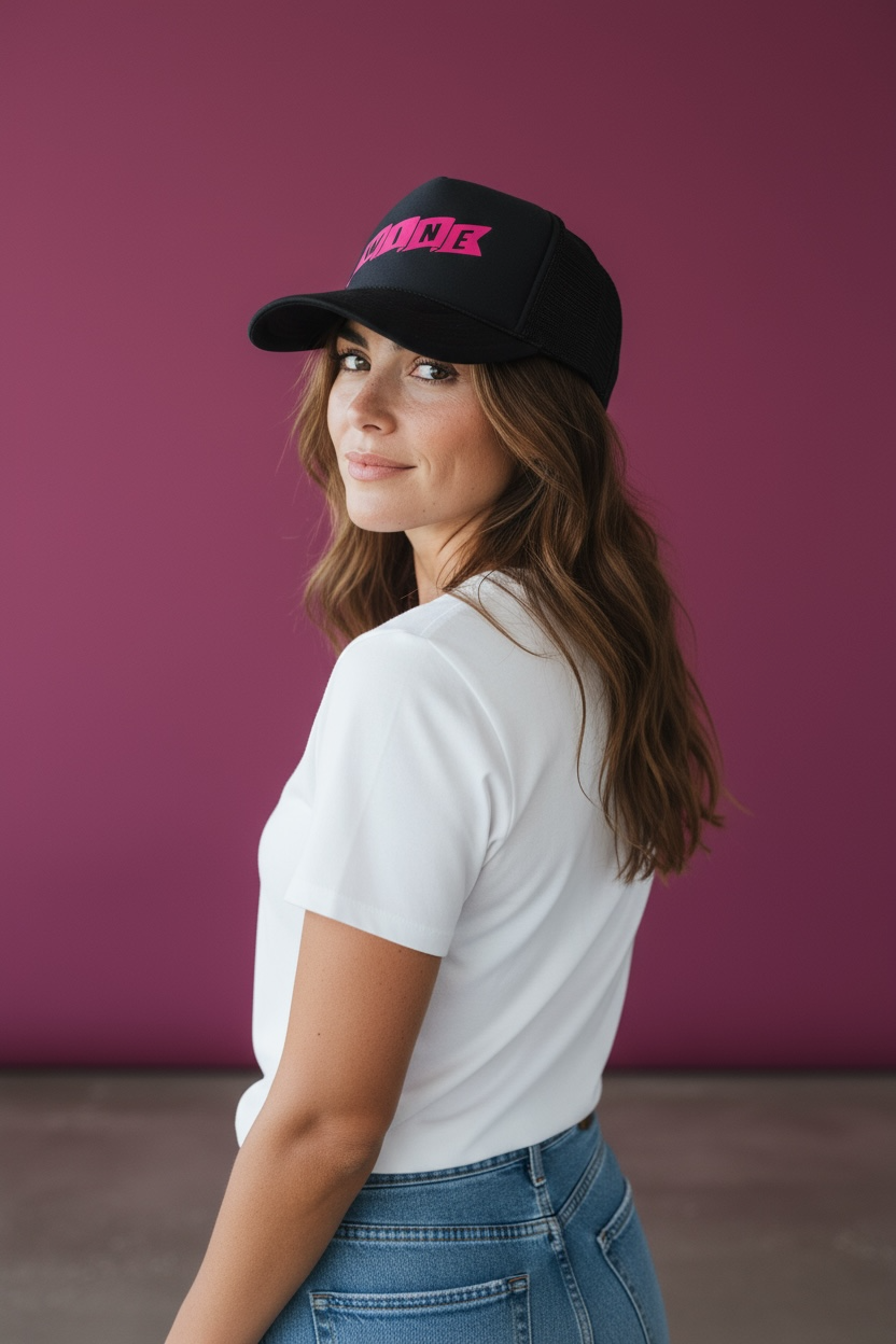 Woman wearing a black corkie cap with pink wine text against a purple background