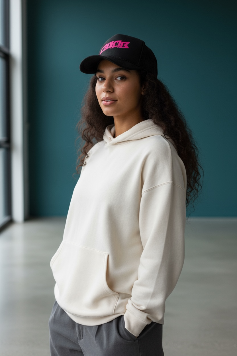 Woman wearing a white hoodie and black corkie wine varsity foam trucker cap with pink text against a teal wall.