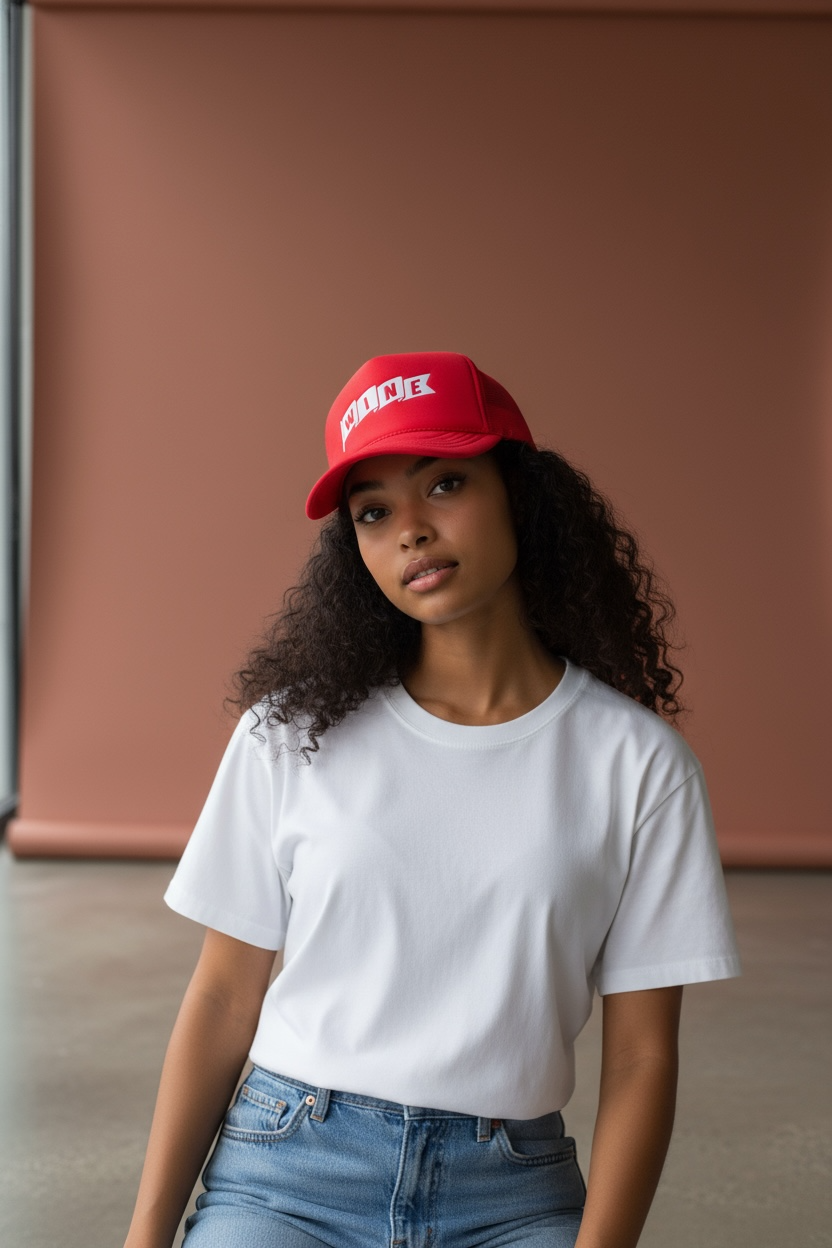 Person wearing a red corkie varsity wine foam trucker cap, white t-shirt, and blue jeans against a brown background
