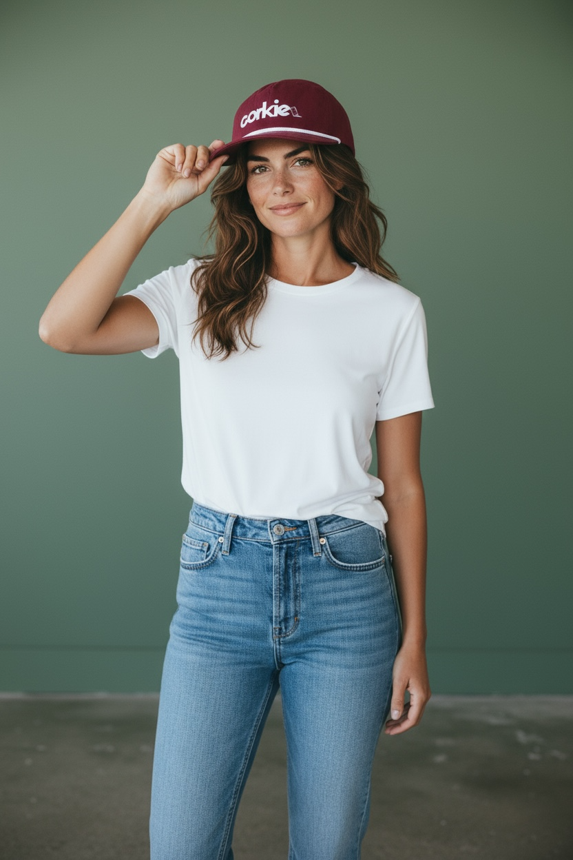 Woman wearing a white t-shirt, blue jeans, and a maroon corkie wine lovers rope cap with 'Corkie' branding against a green background.