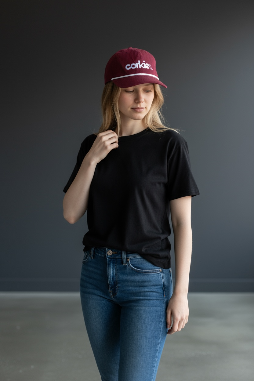 woman wearing a black t-shirt, blue jeans, and a maroon cap with 'corkie' wine lovers logo against a gray background