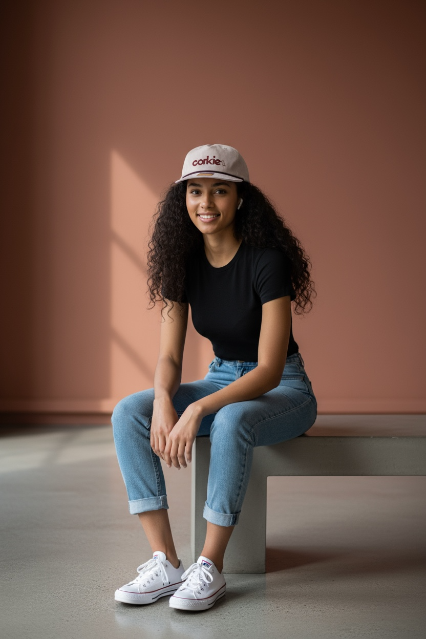 Woman wearing a corkie wine lovers branded cap sitting on a bench against a beige wall
