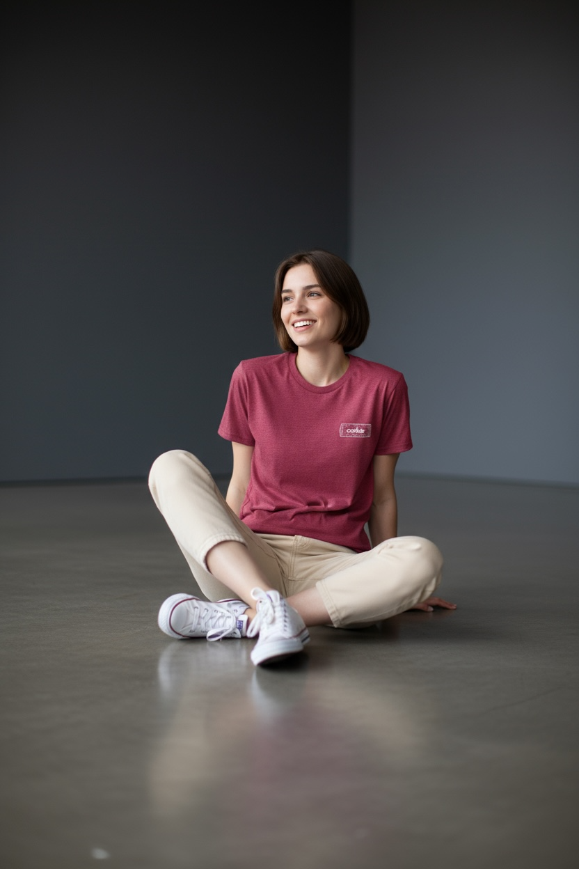Woman sitting on the floor wearing a corkie wine cork red t-shirt and beige pants in a dark room.