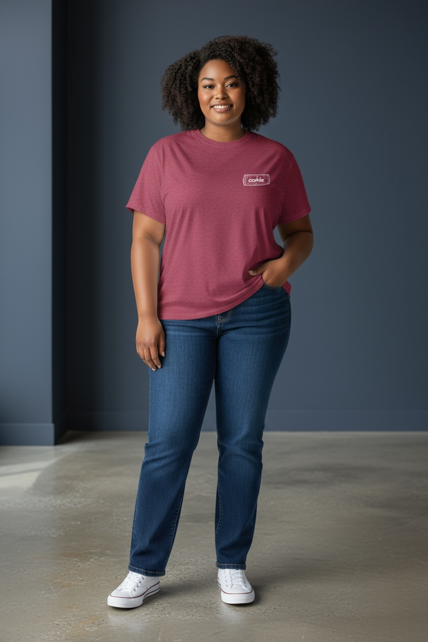 Woman wearing a corkie wine cork crimson t-shirt and blue jeans standing against a gray wall.