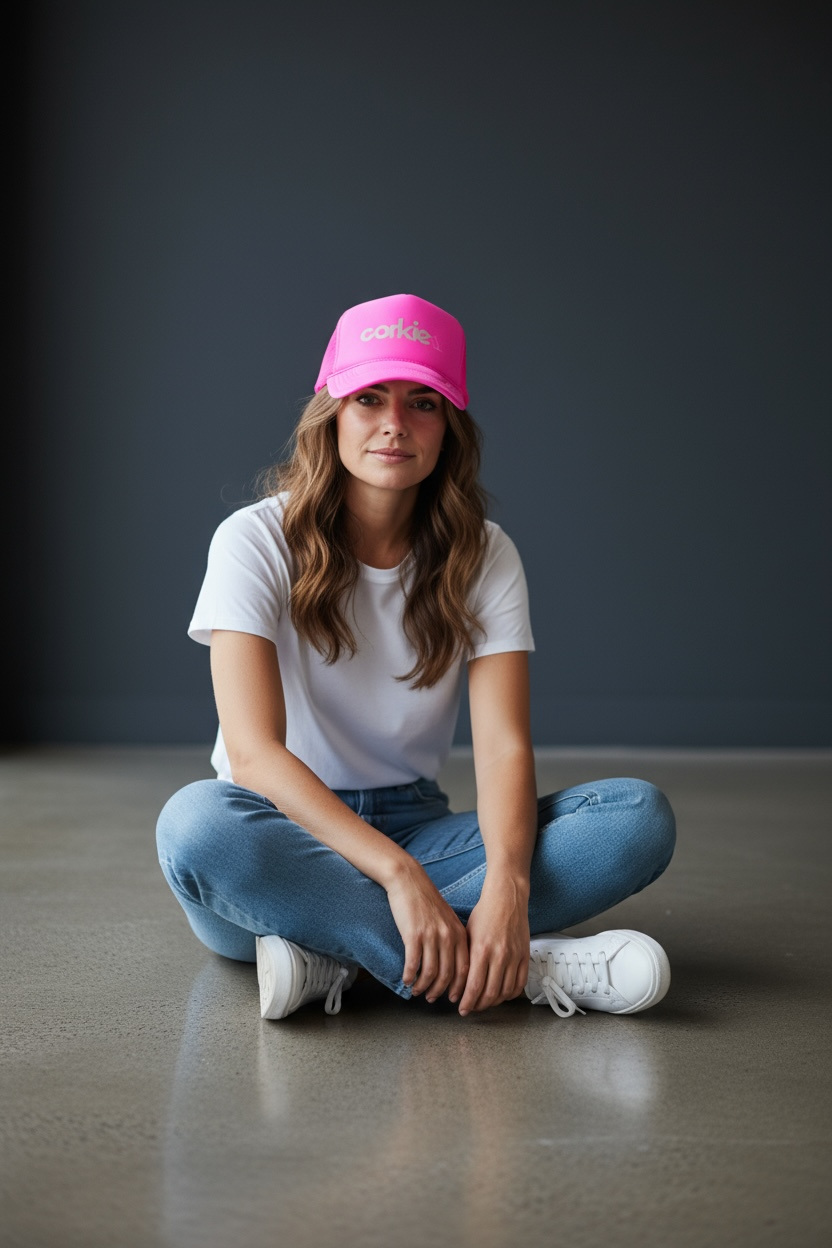 Woman sitting on the floor wearing a neon pink corkie wine lovers branded foam trucker cap, white t-shirt, blue jeans, and white sneakers.
