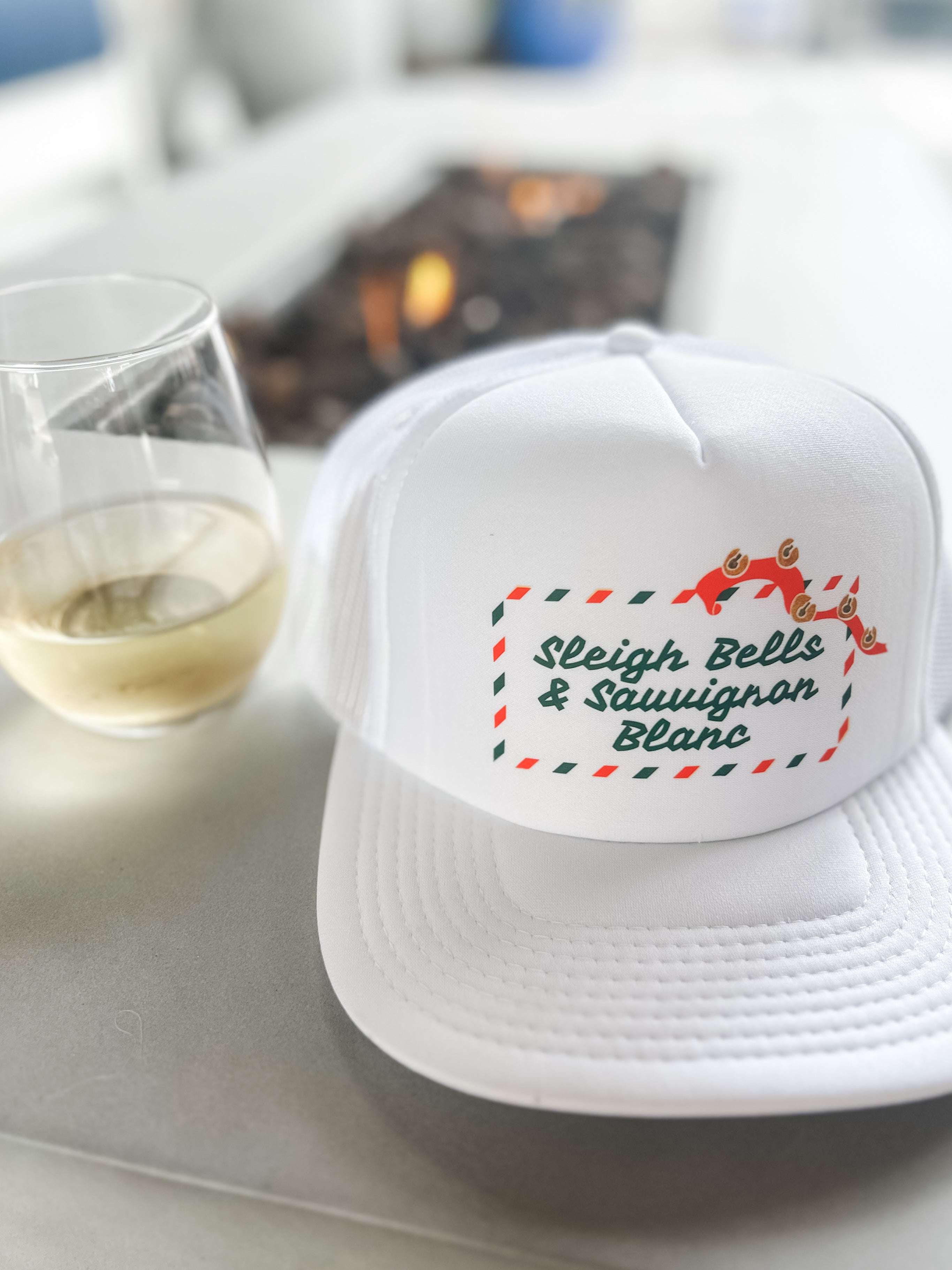 sleigh bells and sauvignon blanc corkie foam trucker hat perfect christmas or holiday gift for wine lover