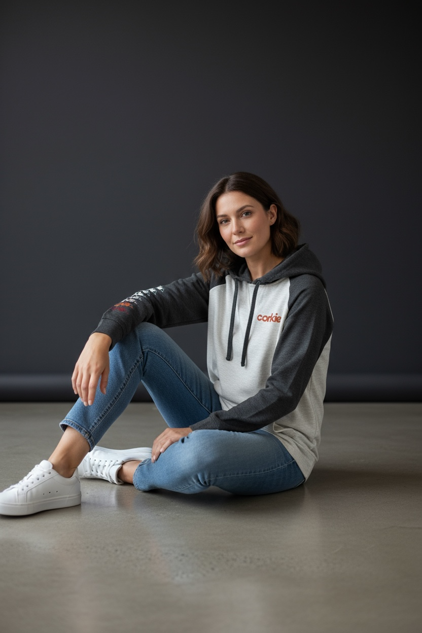 Woman wearing a corkie wine lovers vintage branded hoodie sitting on the floor against a dark background