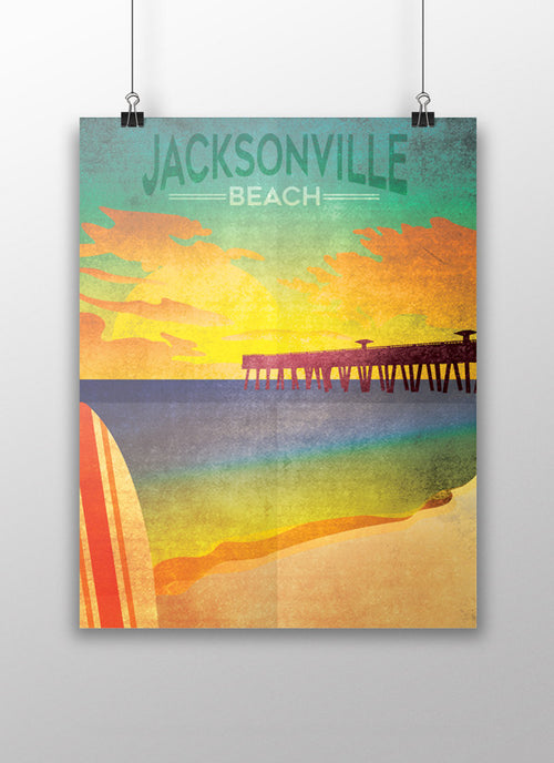 jacksonville beach florida sunshine state vintage style travel poster print pier sunrise surf dawn patrol 