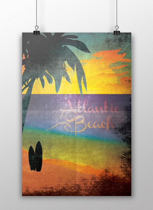 atlantic beach florida sunshine state vintage style beach travel poster print surf boards palm trees sunrise jacksonville beaches