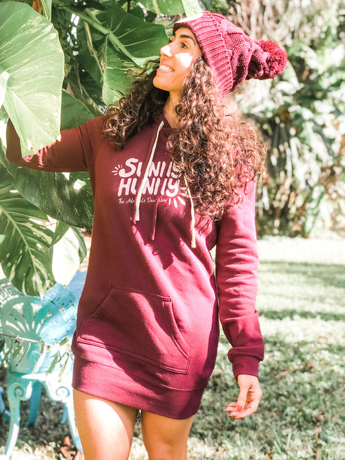 admirals daughters maroon red dress hoodie droodie sunny hunny with kangaroo pockets and thumbholes extra long sweatshirt