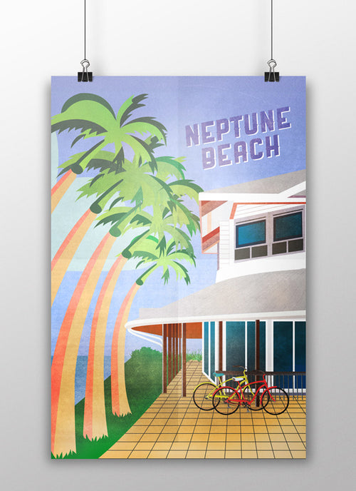 the admiral's daughters neptune beach florida sunshine state beaches town center vintage style travel poster print north beach fish camp sunny carribbe palm trees ocean bicycles