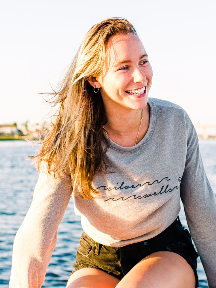 the admiral's daughters silver swells bells long sleeve grey holiday christmas sweater sweatshirt