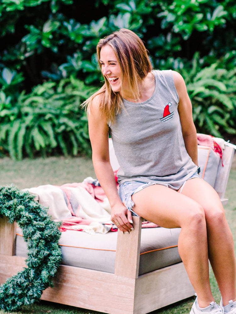 the admiral's daughters fake out santa grey cap sleeve embroidered tank santa hat shark fin waves christmas holiday t shirt