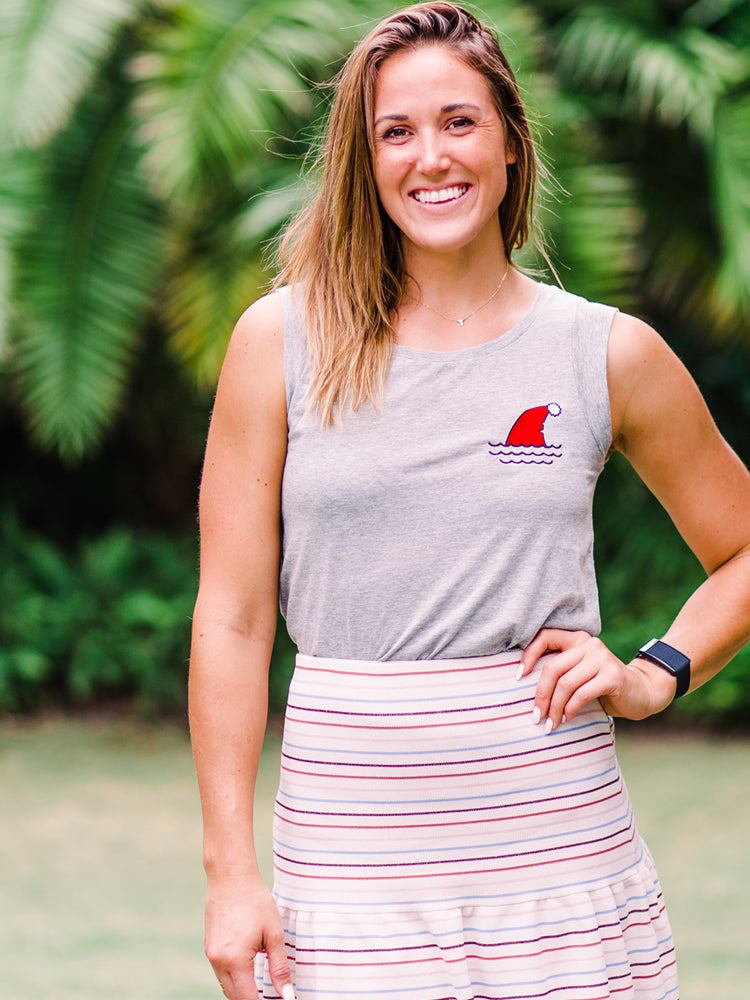 the admiral's daughters fake out santa grey cap sleeve embroidered tank santa hat shark fin waves christmas holiday t shirt