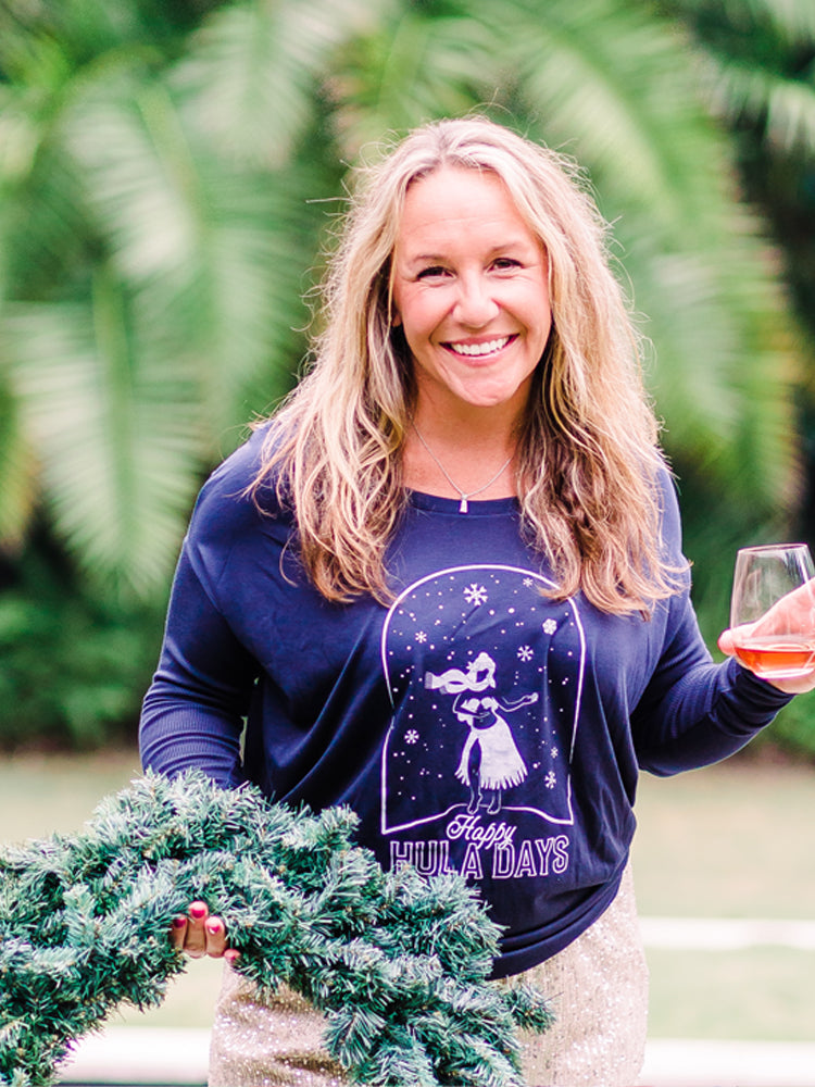 the admiral's daughters happy hula days navy blue dancer snow globe tropical christmas holiday long sleeve t shirt