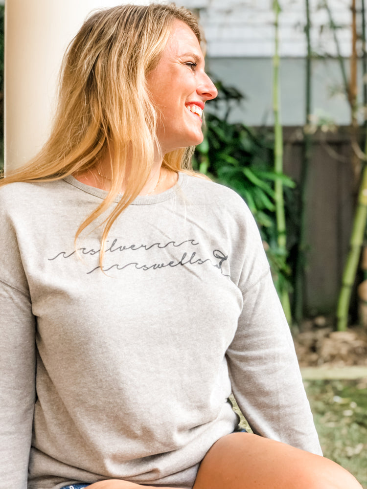 the admiral's daughters silver swells bells long sleeve grey holiday christmas sweater sweatshirt