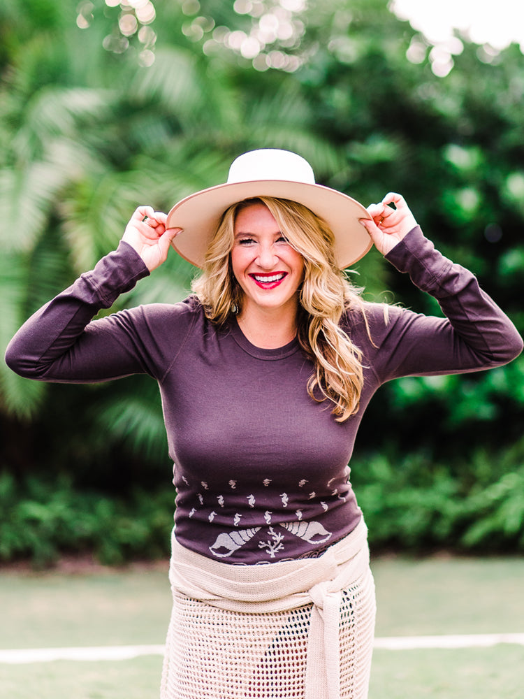 the admiral's daughters under the sea brown long sleeve thermal christmas sweater seashells waves coastal holiday