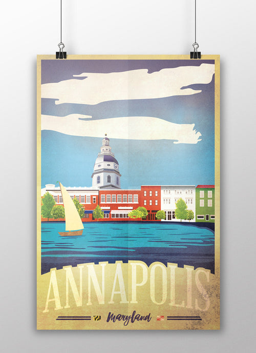 annapolis maryland vintage style travel poster print sailing boat harbor main street usna naval academy gift