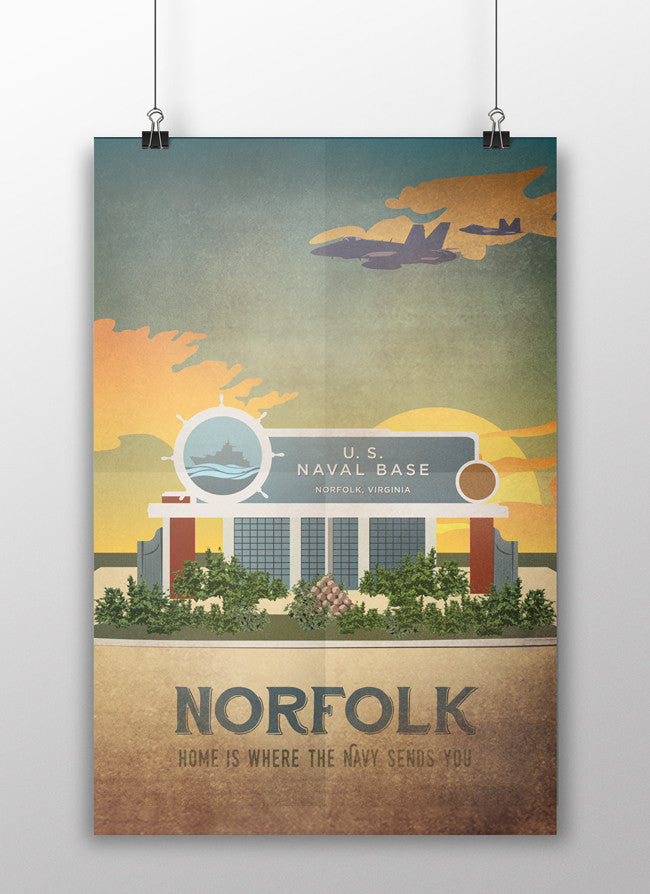 the admiral's daughters norfolk virginia us naval base vintage style travel poster print front gate air base sunrise